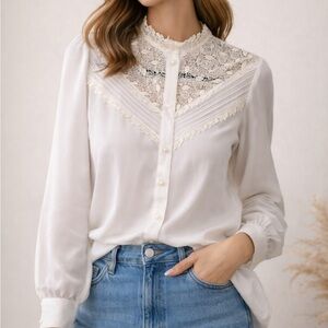 Vintage Sheer Lace Blouse High Neck Victorian Romantic White Top Small